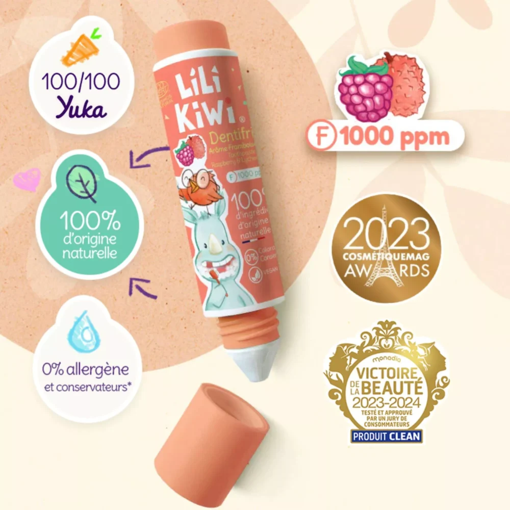 dentifrice bio fluore framboise litchi 100 dingredients dorigine naturelle sans allergenes sans conservateurs ni colorants anti caries 1 12 ans lili kiwi catt landa 1